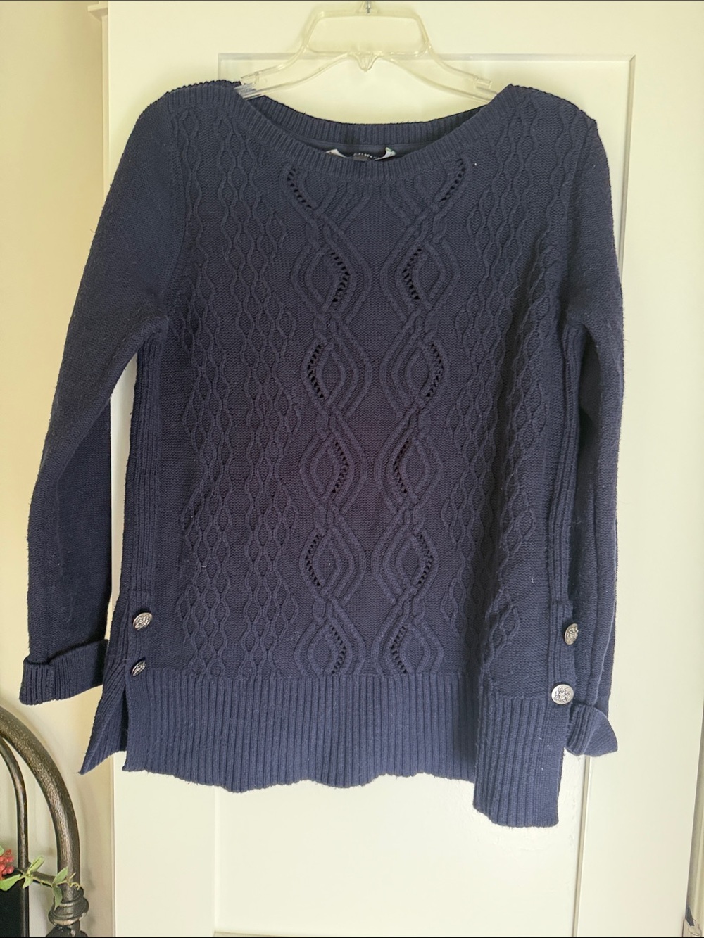 White House Black Market Navy Cable-Knit Crewneck Sweater with Button Accents